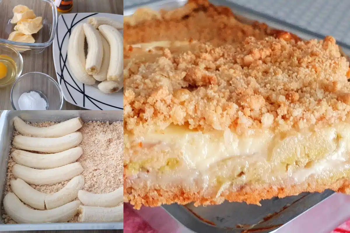 Torta de banana cremosa com uma farofinha simplesmente deliciosa